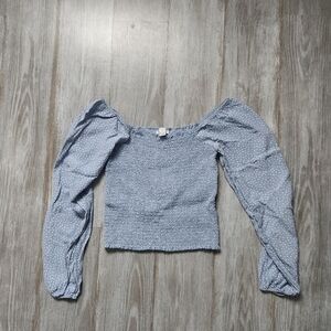 American Eagle Blue White Pola Dot Square Neck Elastic Chest Ballon Sleeve Sz XS